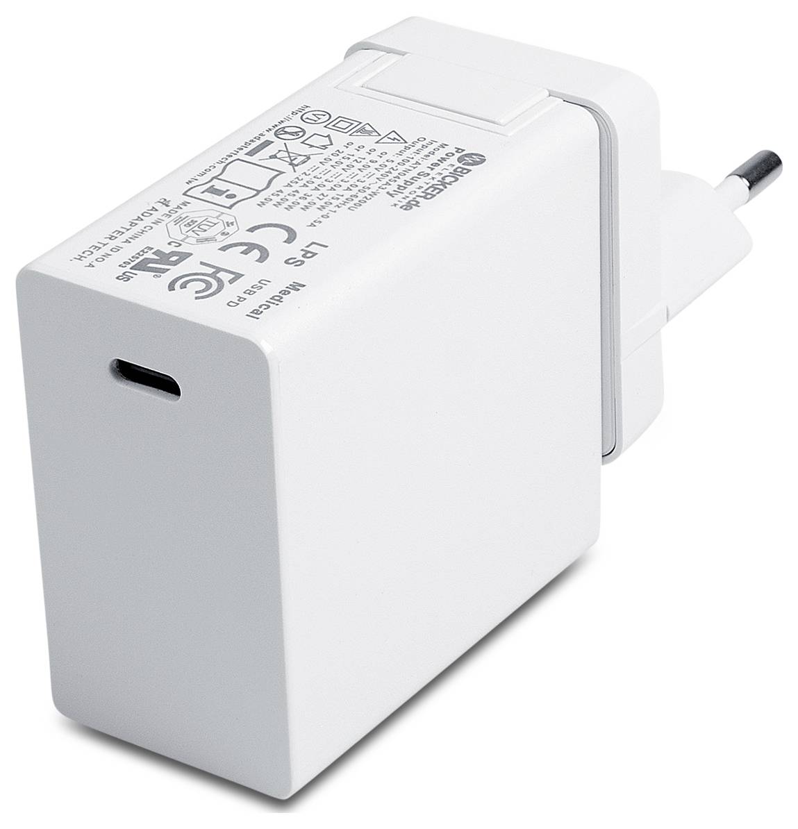 Weißer USB-Wandladegerät-Adapter mit einem einzelnen USB-C-Anschluss und Steckern zum Einstecken in eine Steckdose.
