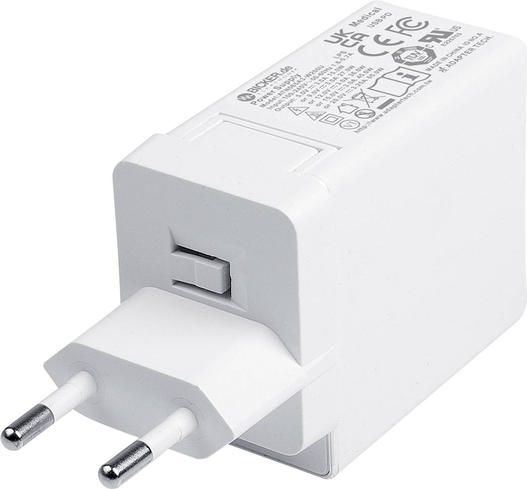 Weißes USB-Wandladegerät mit zwei runden europäischen Steckerkontakten, in Nahaufnahme auf weißem Hintergrund gezeigt.