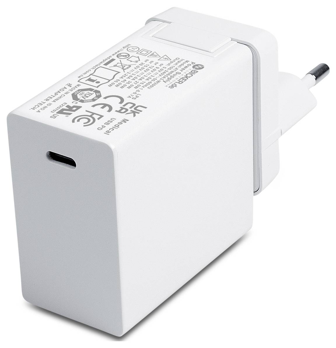 Weißes USB-Wandladegerät mit abnehmbarem Stecker und einzelnem USB-C-Anschluss auf einfachem Hintergrund.