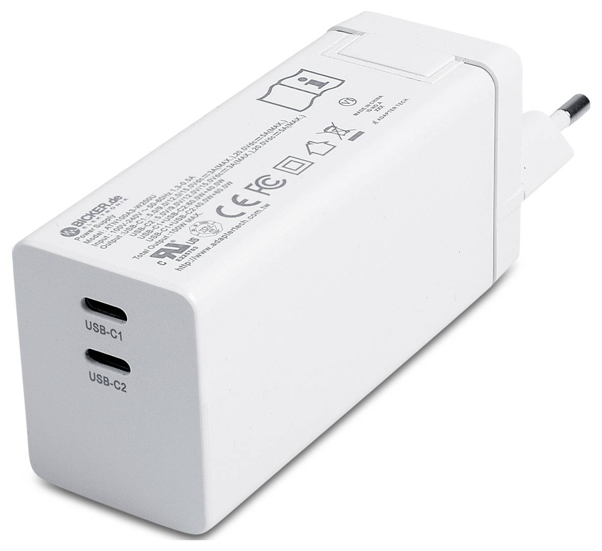 Weißes USB-Wandladegerät mit zwei vorderen Anschlüssen mit den Bezeichnungen USB-C1 und USB-C2 und einem Stromstecker auf der Rückseite