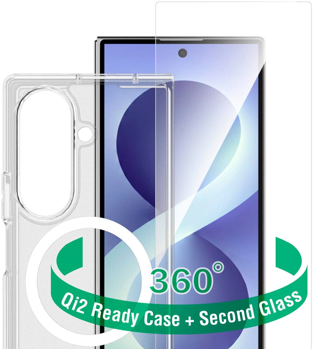 Smartphone-Hülle mit integriertem Displayschutz, gekennzeichnet mit „Qi2 Ready Case + Second Glass