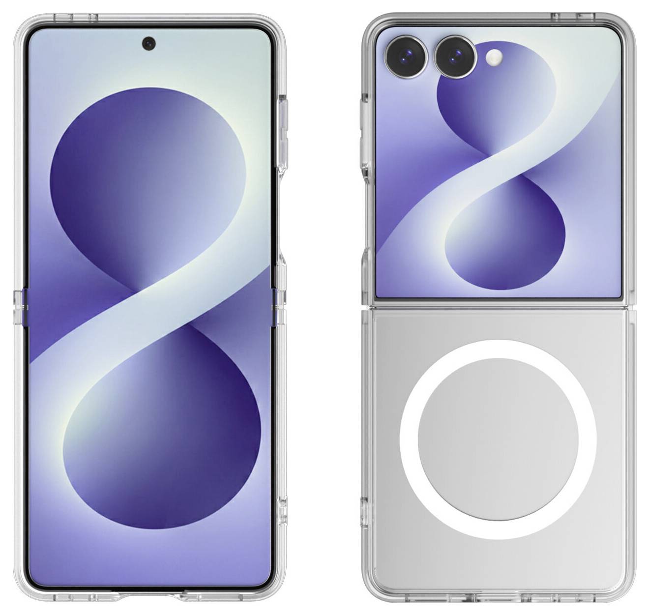 Vorder- und umgeklappte Ansicht eines silbernen faltbaren Smartphones mit blauem "8"-Hintergrundbild und einem kreisförmigen drahtlosen Ladering auf der Rückseite.