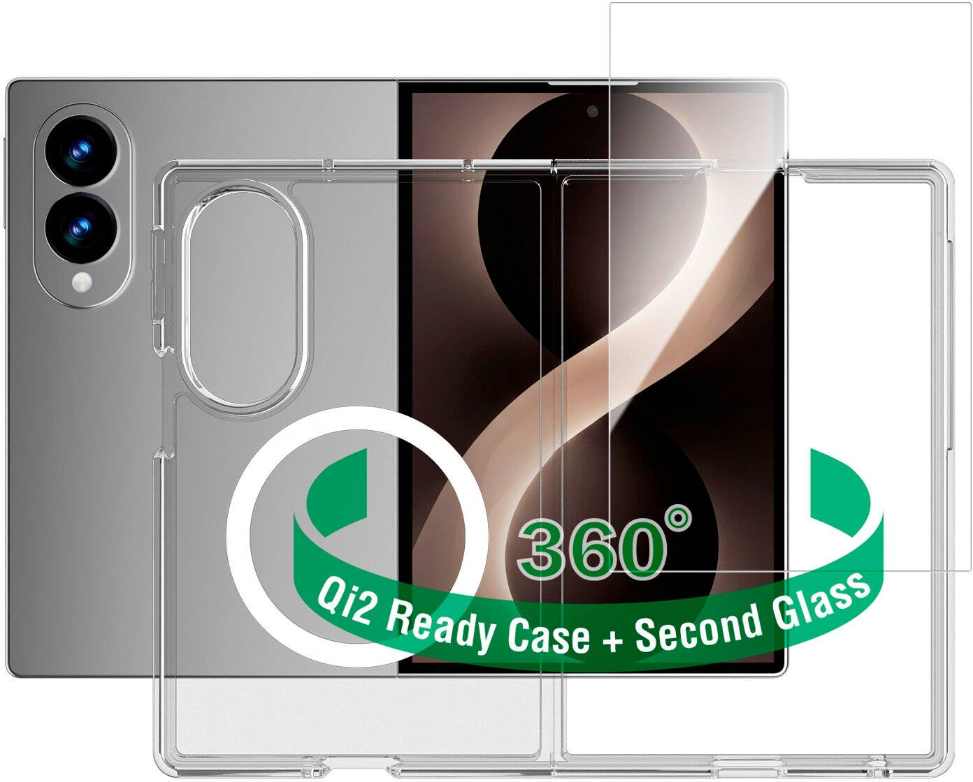 Handyhülle mit angefügtem zweitem Glasschutzfolie, gekennzeichnet als „Qi2-Ready-Hülle + zweites Glas