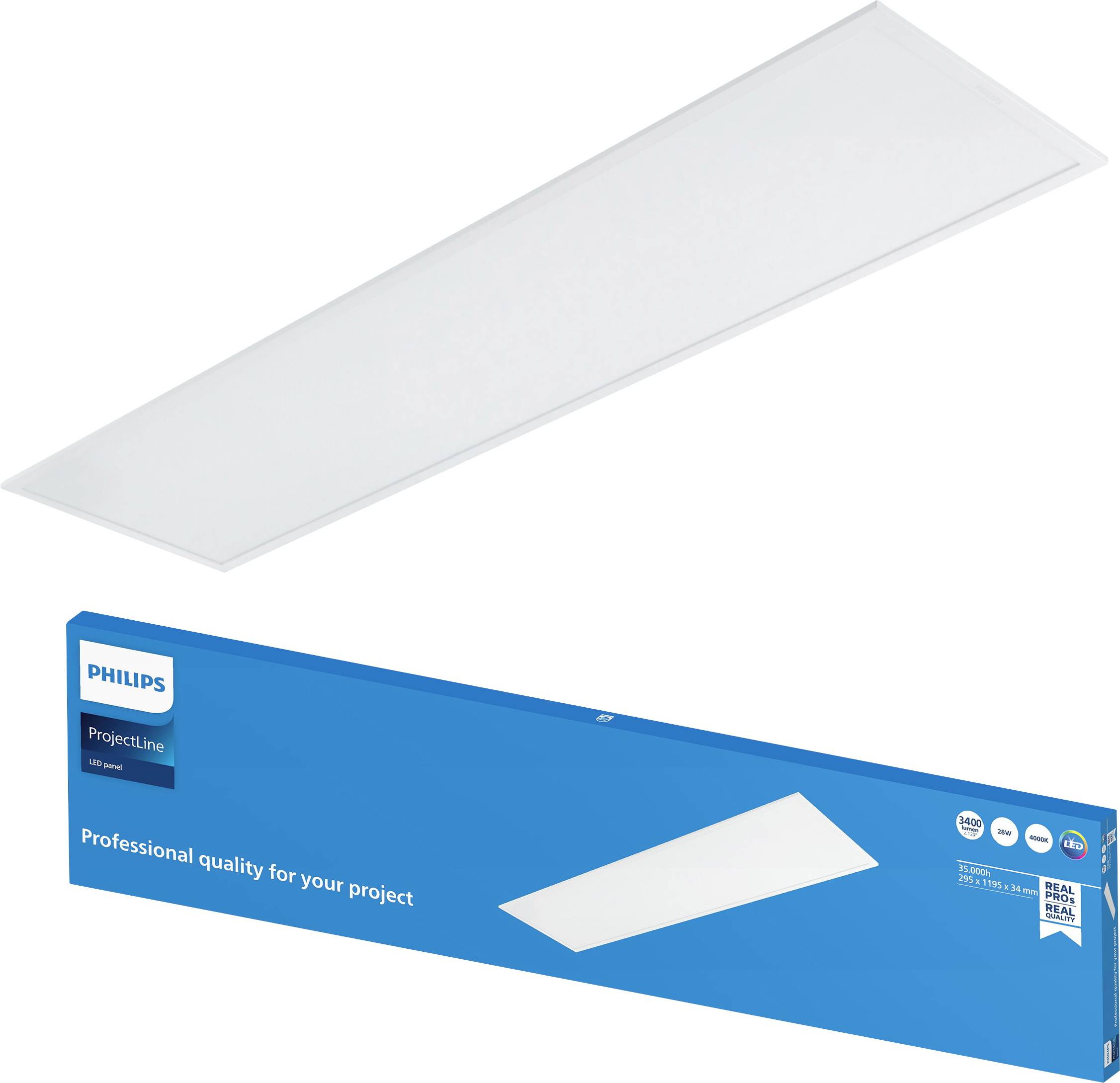 Philips ProjectLine rechteckiges LED-Panellicht mit schmalem weißem Deckengestell und blauer Produktschachtel mit der Aufschrift „Professionelle Qualität für Ihr Projekt