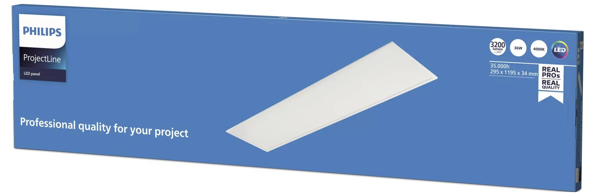 Philips ProjectLine rechteckiges LED-Panellicht in Blau, mit der Aufschrift 