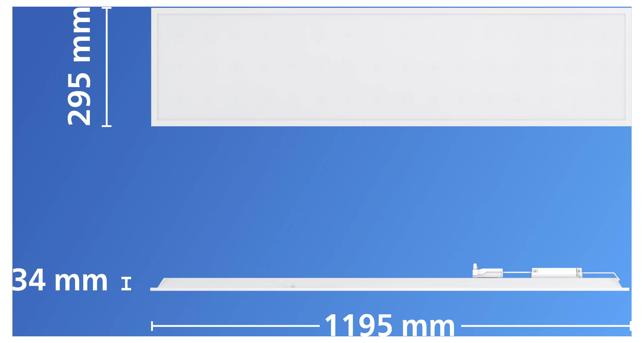 Technische Zeichnung einer langen weißen rechteckigen Leuchte mit einer Breite von 1195 mm und einer Höhe von 34 mm sowie einer vertikalen Abmessung von 295 mm.