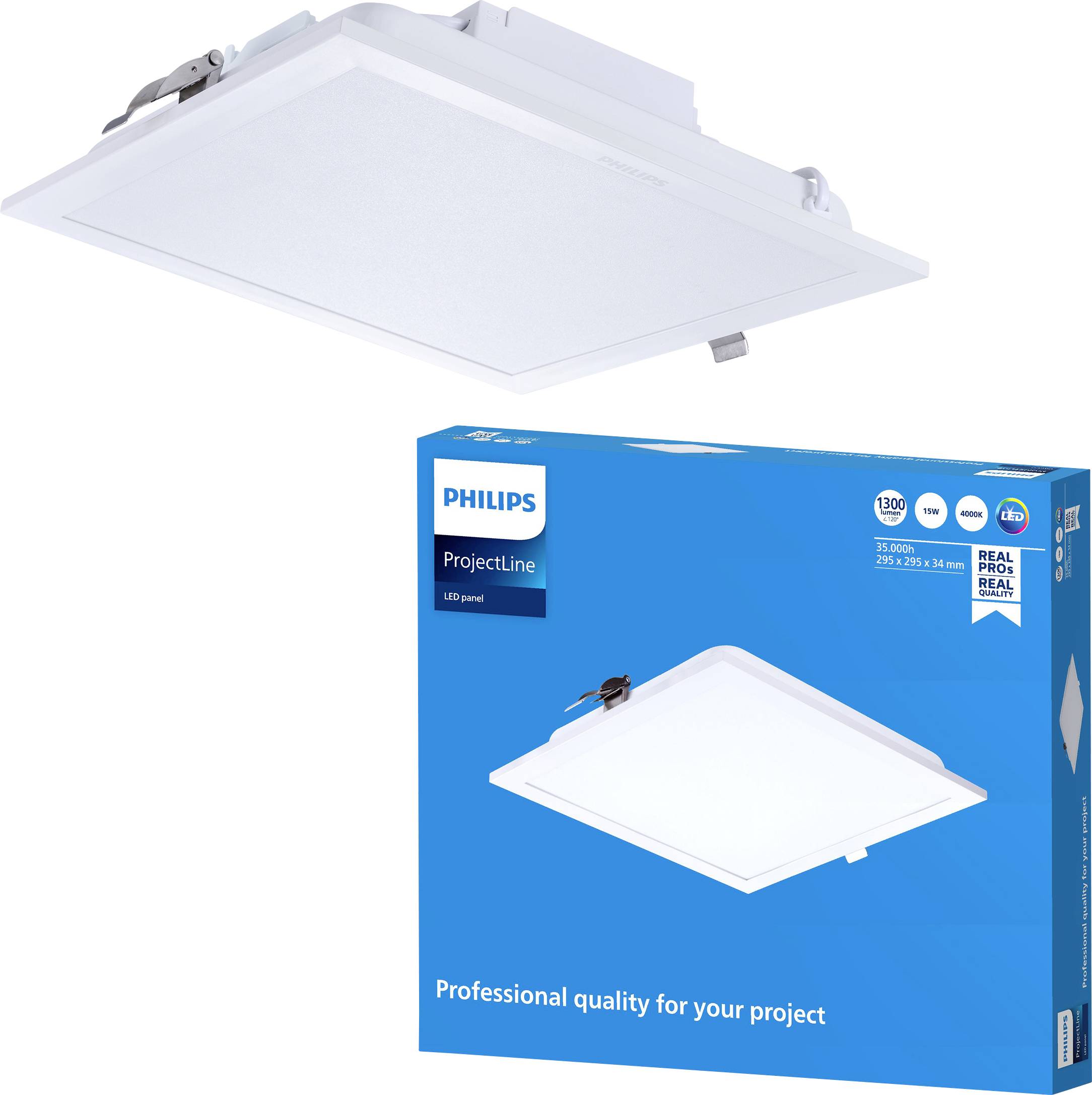 Philips ProjectLine LED-Panelleuchte und blauer Produktkarton, die ein quadratisches Einbau-Deckenpaneel zeigen, das für professionelle Beleuchtungsqualität gekennzeichnet ist.