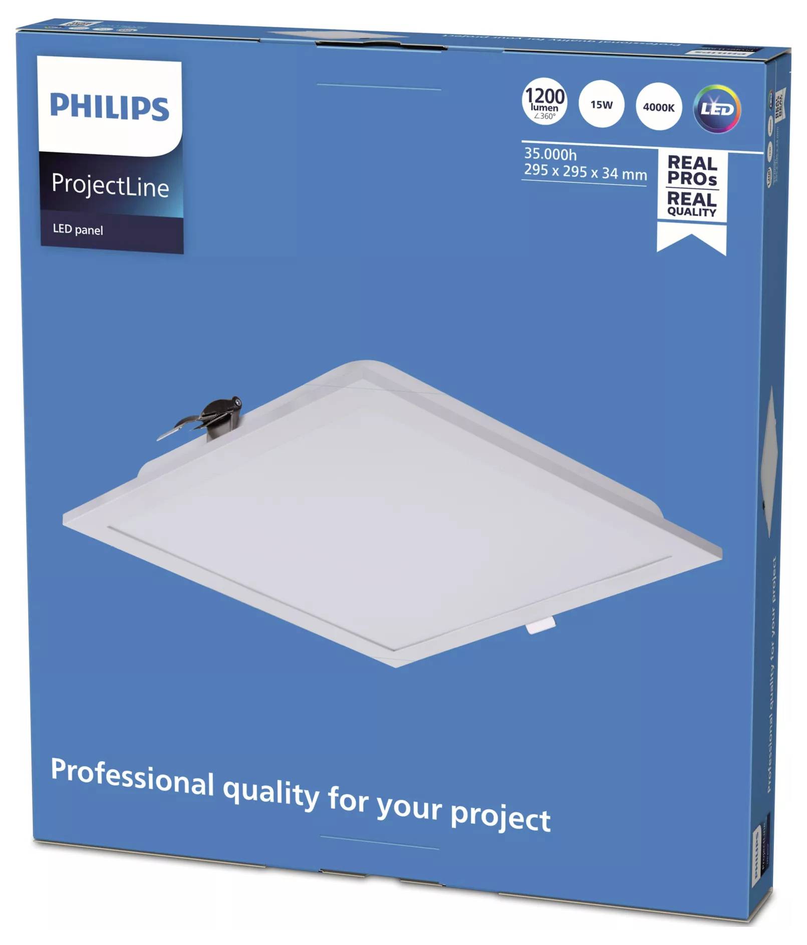 Philips ProjectLine LED-Panelpaket mit einer weißen quadratischen Deckenleuchte, mit 1200 lm, 15W, 4000K und 35.000h auf der Verpackung angegeben.