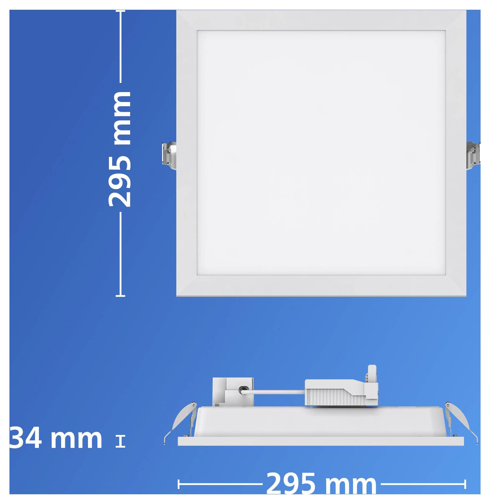 Diagramm einer quadratischen, bündig eingebauten LED-Panelleuchte mit Seiten- und Frontansicht, beschriftet mit 295 mm Breite und 295 mm Höhe, zeigt 34 mm Tiefe.