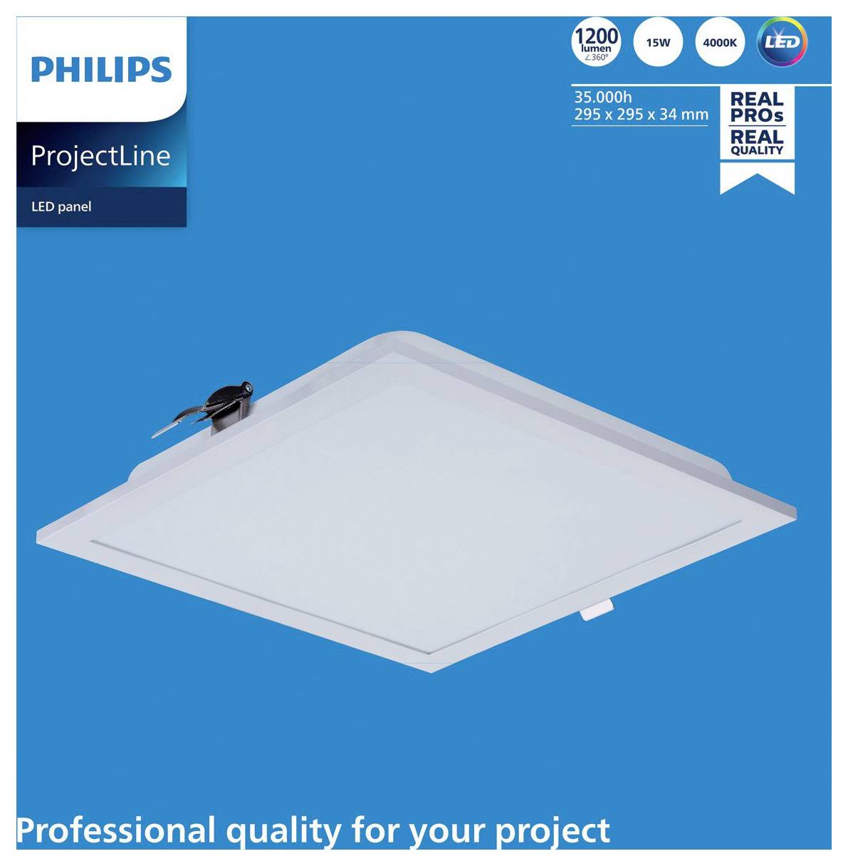 Philips ProjectLine LED-Panelproduktbild auf blauem Hintergrund mit einem quadratischen Deckenleuchte und Spezifikationen: 1200 lm, 15W, 4000K, 35.000h.