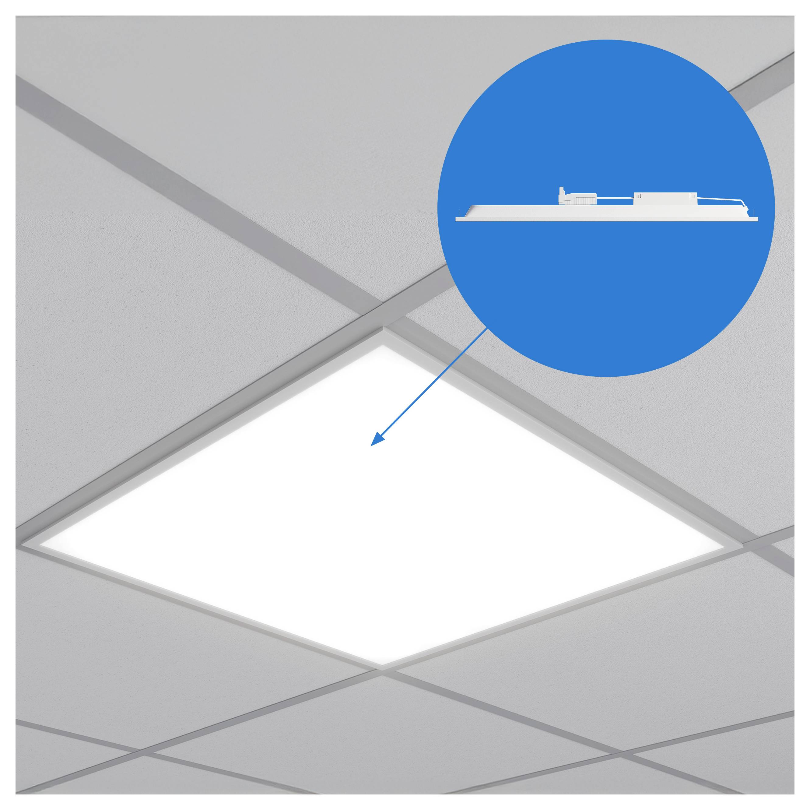 Bündig eingebautes quadratisches LED-Deckenflächenlicht, installiert in einer Abhängedecke, mit einem Einschubdiagramm, das das schlanke Befestigungsprofil zeigt.
