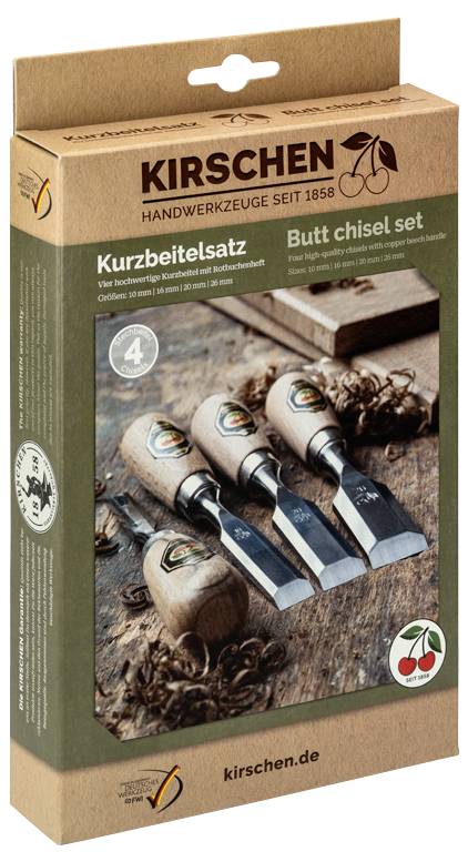 Kirschner-Stechmeißel-Satz in einer Box mit vier kurzstieligen Stechmeißeln, die auf der Vorderseite abgebildet sind, mit der Aufschrift „Kurzbeitelsatz" und „Stechmeißel-Satz".