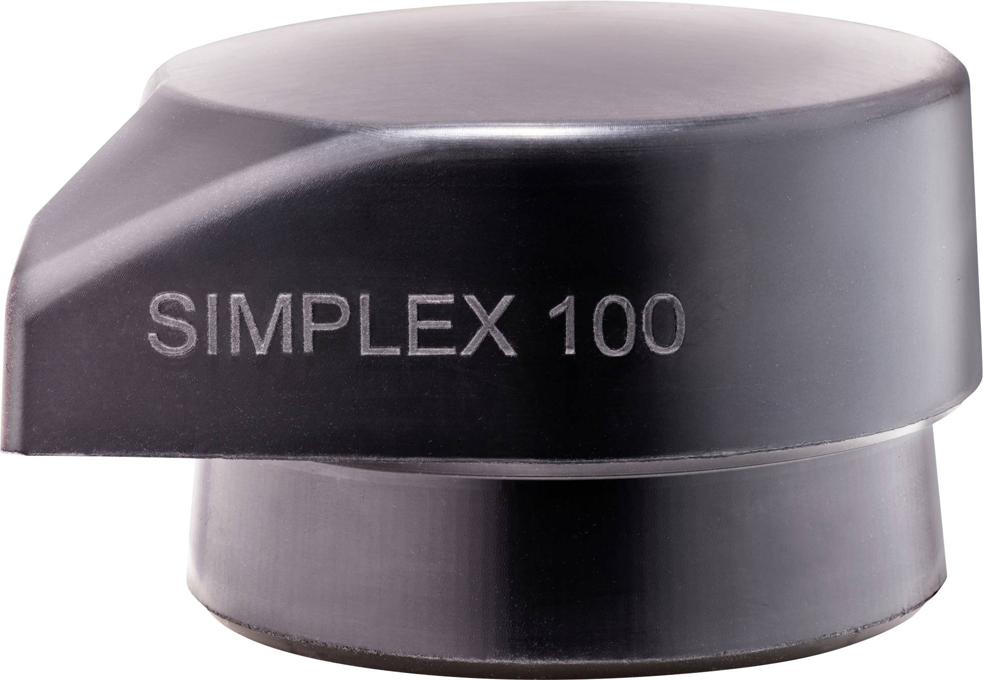 Eine schwarze Metallkappe oder ein schwarzes Metallanschluss mit der Aufschrift „SIMPLEX 100