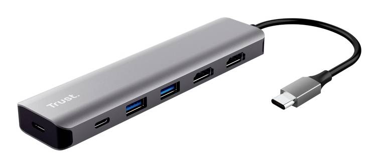 USB-C-Hub mit drei USB-A-Anschlüssen, HDMI, Ethernet und USB-C-Anschluss, angeschlossenes Kabel, Marke 'Trust'.