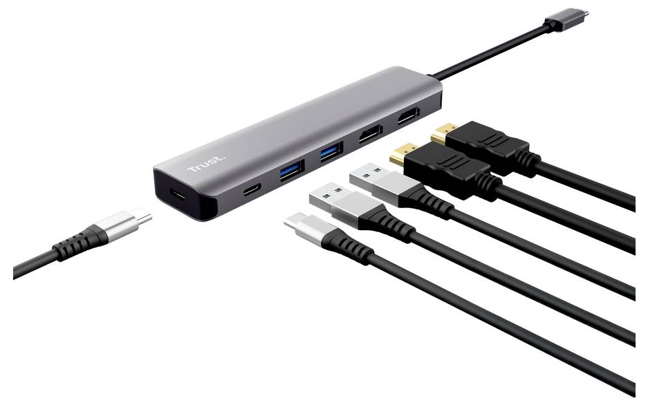 USB-C-Hub mit mehreren Anschlüssen, gezeigt mit mehreren angeschlossenen Kabeln und einem Stromkabel.
