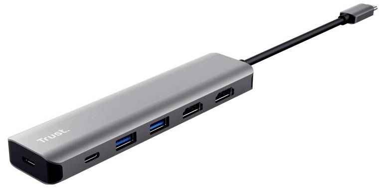 Silberner USB-C-Hub mit mehreren Anschlüssen, einschließlich USB-A, USB-C, HDMI und einer Ethernet-Verbindung, auf weißem Hintergrund dargestellt.