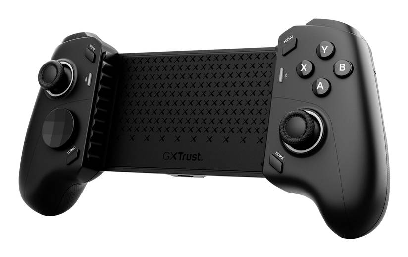 Schwarzer GXTtrust-Spielecontroller mit Telefonhalter, dualen Analog-Sticks, D-Pad und ABXY-Tasten auf weißem Hintergrund.