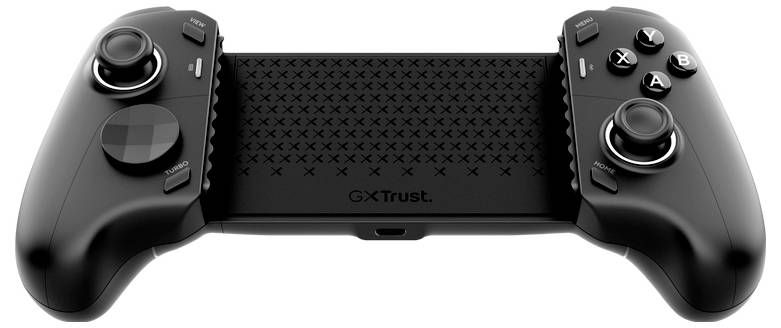 Schwarzer GXTTrust-Gamecontroller mit zwei analogen Sticks und Aktionstasten, entwickelt für mobiles Spielen.