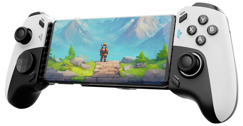 Weißer tragbarer Spielcontroller mit zentralem Bildschirm, der eine farbenfrohe Abenteuerspielszene zeigt, mit einer Figur, die auf einem Steinpfad in Richtung Berge steht.
