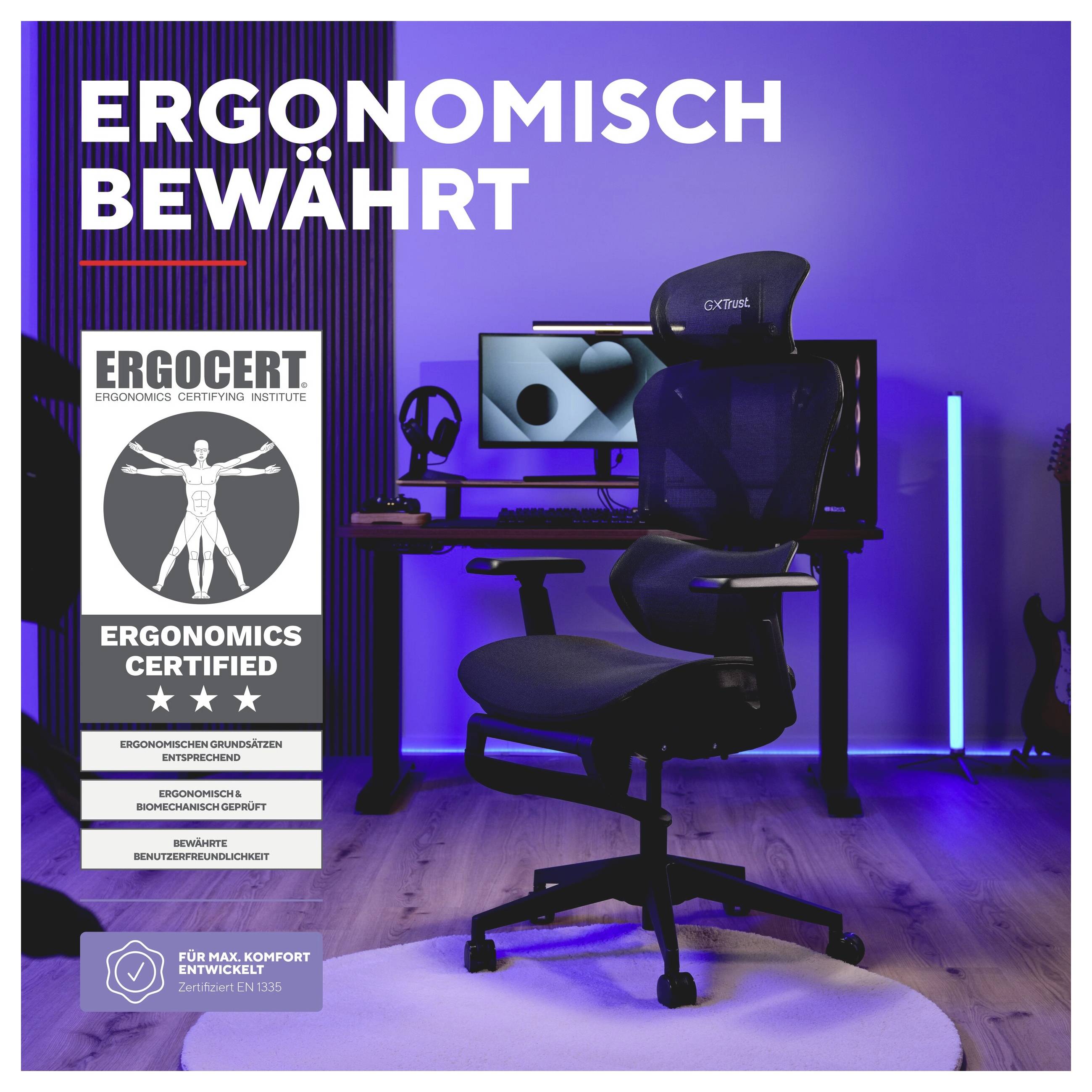 # ERGONOMISCH BEWÄHRTGaming-Arbeitsstation mit einem ergonomischen Bürostuhl und Monitor unter der deutschen Überschrift „ERGONOMISCH BEWÄHRT