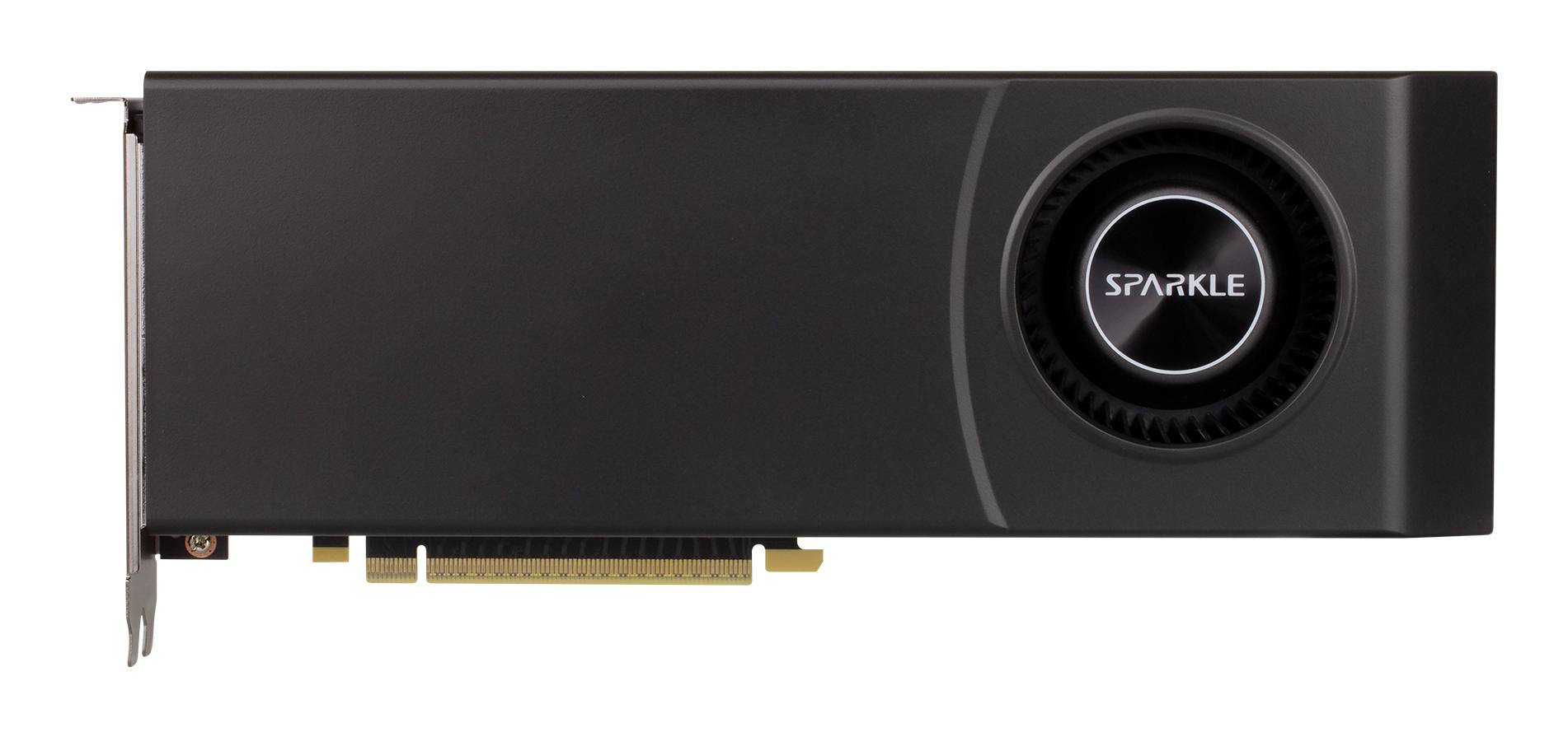 Grafikkarte Black Sparkle in Seitenansicht dargestellt, mit großem kreisförmigem Lüfter und goldenem PCIe-Anschluss entlang der Unterseite.