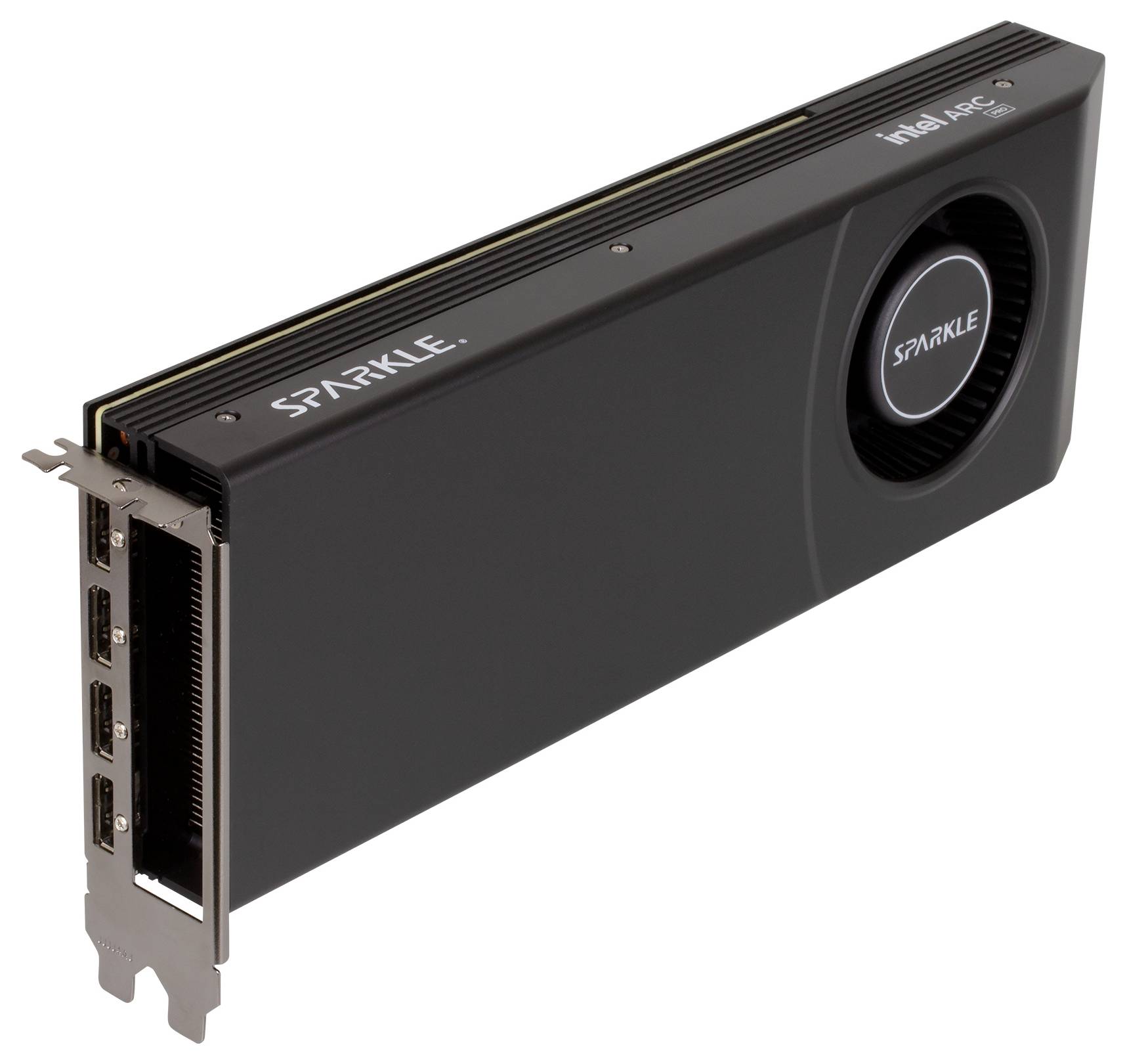 Schwarze Sparkle Intel ARC-Grafikkarte mit Kühlventilator und Metallhalterung, auf weißem Hintergrund dargestellt.