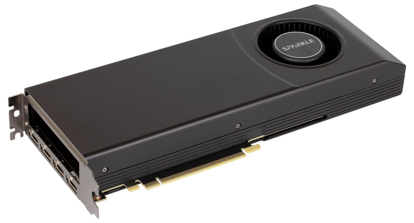 Grafikkarte Black Sparkle mit großem Kühlventilator und PCIe-Anschluss, auf weißem Hintergrund dargestellt.