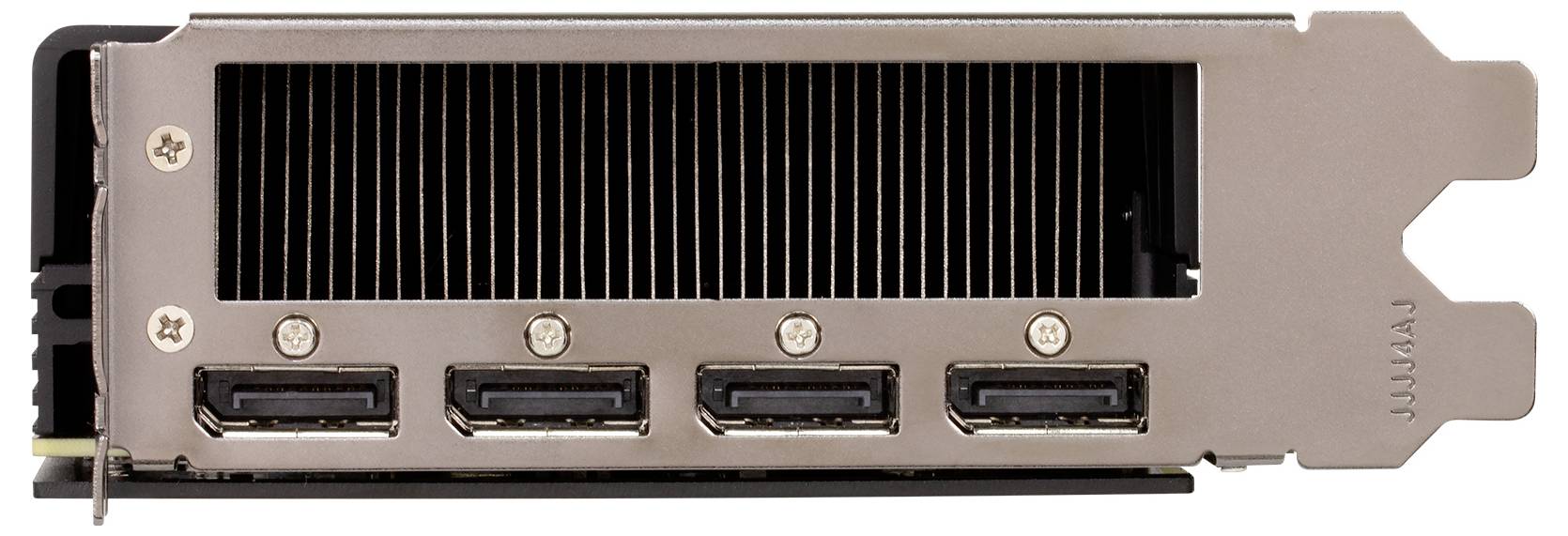 Grafikkartenbügel mit vier DisplayPort-ähnlichen Ausgabeanschlüssen und einem großen Kühlungsluftschacht.