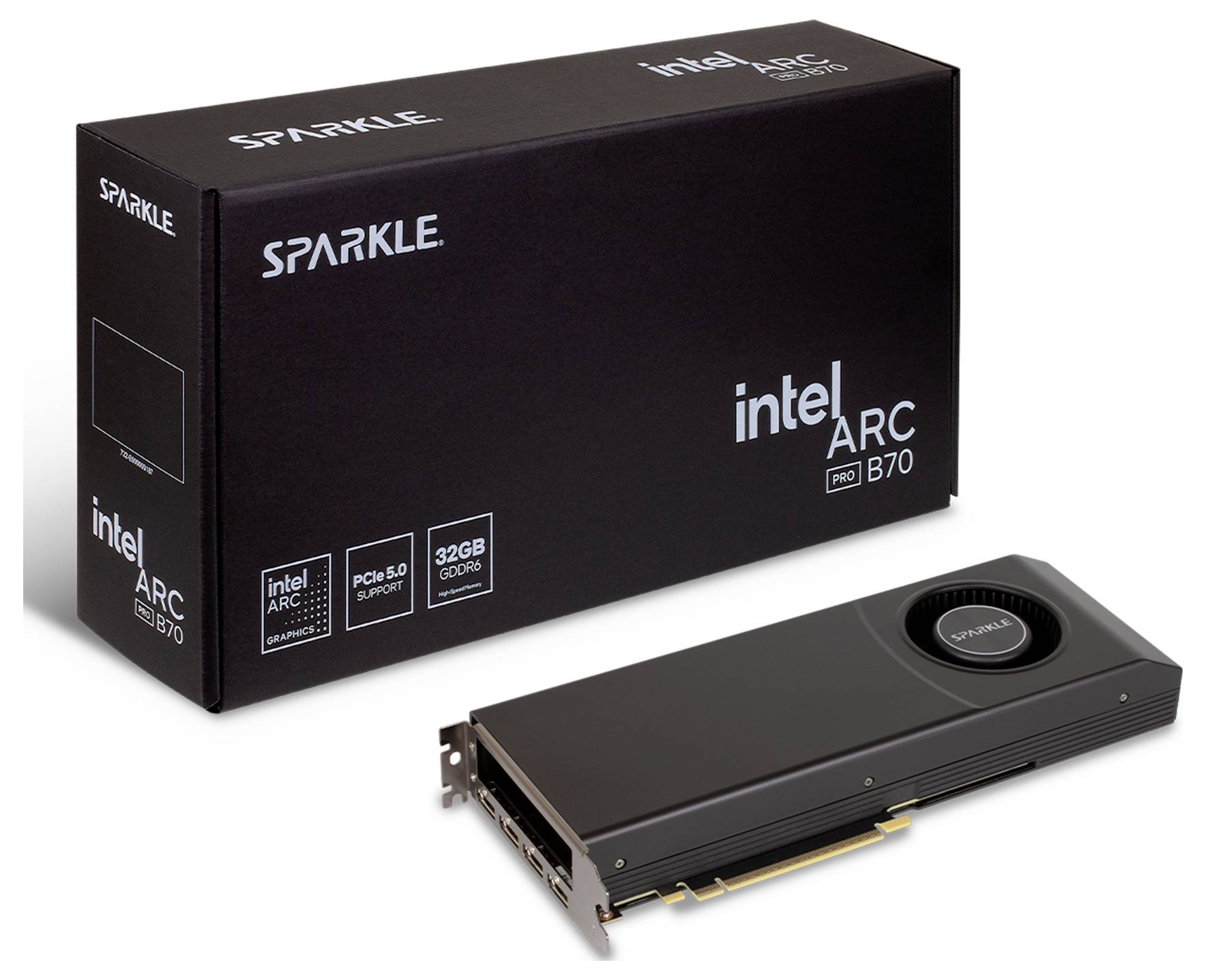 SPARKLE Intel Arc Pro B70 Grafikkarte - Verpackung gezeigt mit der GPU daneben auf weißem Hintergrund.