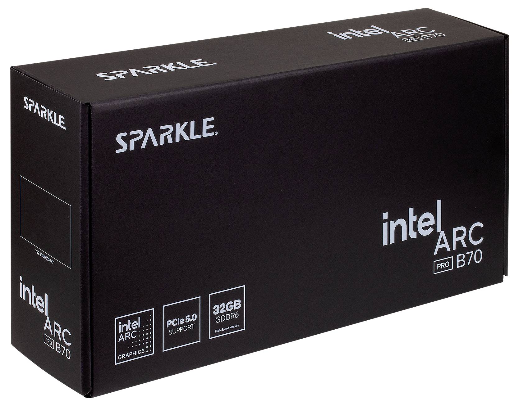 Schwarze SPARKLE Intel Arc Pro B70 Grafikkarte mit Produktbranding und Symbolen für Intel Arc, PCIe 5.0-Unterstützung und 32GB GDDR6