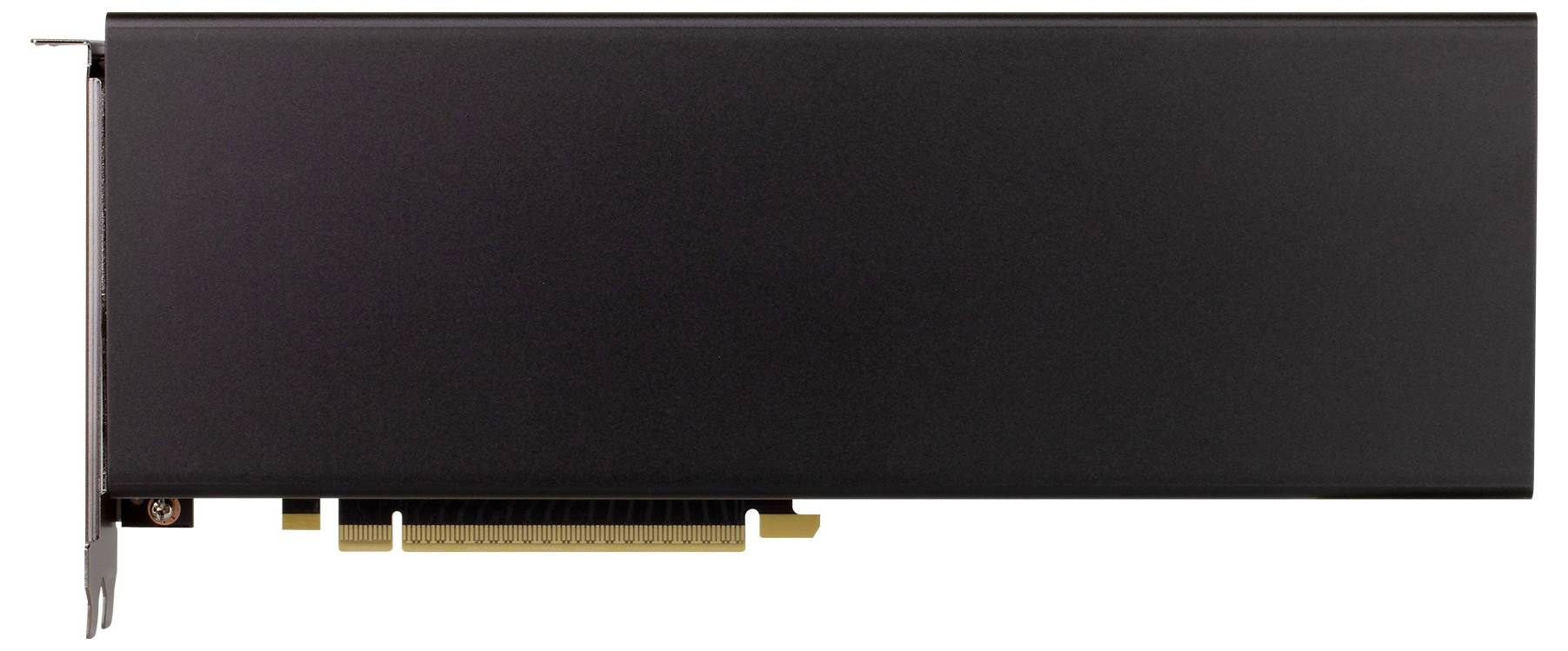 Schwarze PCIe-Erweiterungskarte mit großem rechteckigem Kühlkörper und Metallhalterung, in Seitenansicht auf weißem Hintergrund dargestellt.