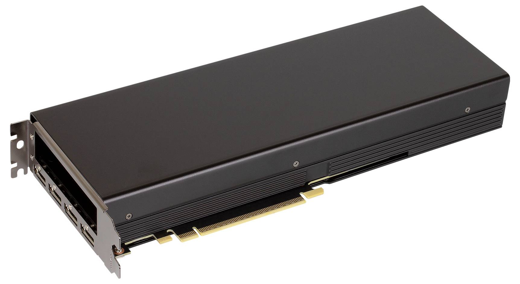 Eine schwarze PCIe-Erweiterungskarte mit mehreren vorderen Anschlüssen, dargestellt auf weißem Hintergrund.
