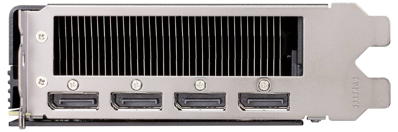 Nahaufnahme einer Computergrafikkartenhaltung mit vier DisplayPort-Anschlüssen und einem großen Kühlungsgebläse.