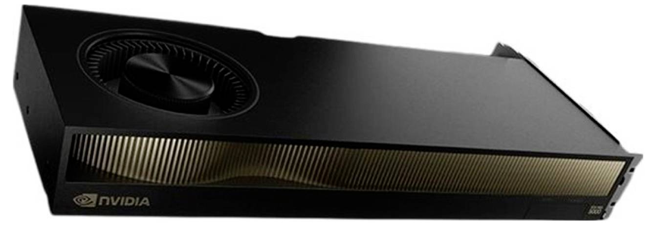 NVIDIA-Grafikkarte in schräger Seitenansicht, schwarz mit großem Kühlventilator und goldenem belüftetem Akzent entlang der Kante.