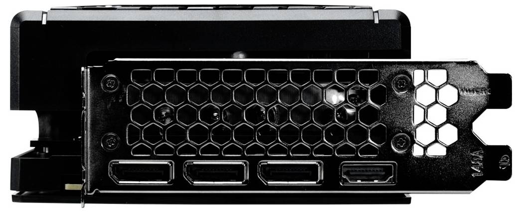 Eine schwarze Computergrafikkarte mit einer Wabenbelüftung, vier DisplayPort-Ausgängen und einem HDMI-Anschluss auf der Halterung.