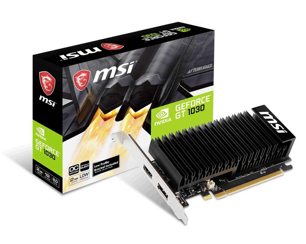 MSI GeForce GT 1030 Grafikkarte mit ihrer Einzelhandelsverpackung auf weißem Hintergrund dargestellt.