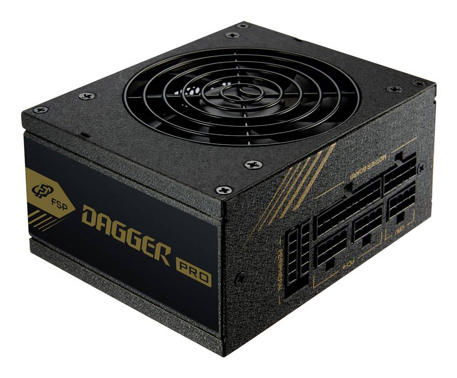 Schwarzes FSP Dagger Pro Computer-Netzteil mit oberen Kühlüfter und modularen Kabelanschlüssen.
