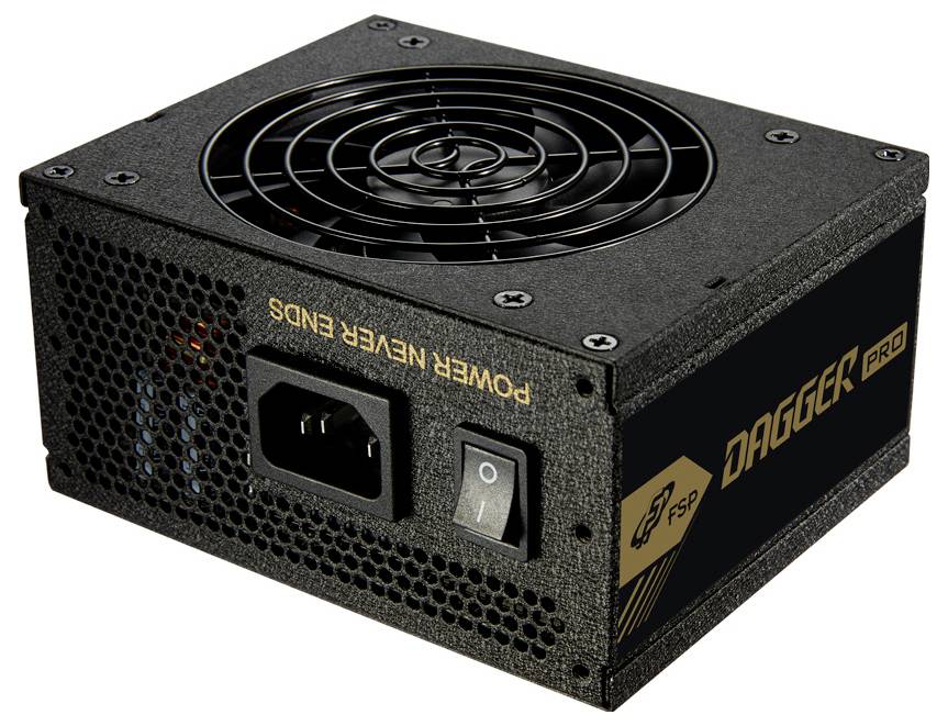 Schwarzes PC-Netzteil mit Kühlventilator, AC-Stromanschluss und Ein-/Ausschalter; gekennzeichnet mit „POWER NEVER ENDS" und „DAEGOCK PRO".