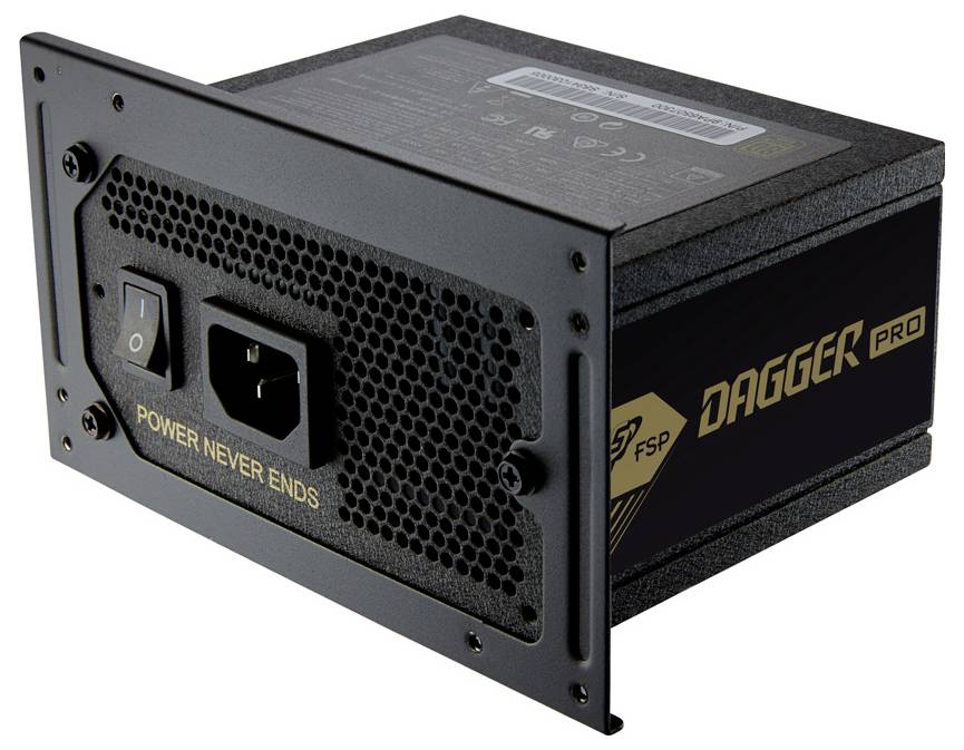 Kompaktes FSP Dagger Pro Computer-Netzteil mit frontaler Netzschalter, AC-Eingang und belüftetem schwarzen Metallgehäuse.