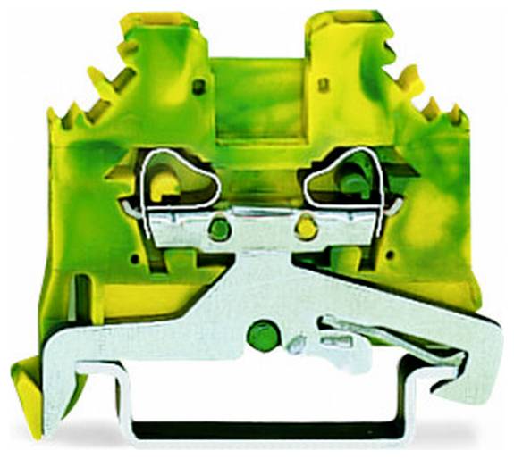 Querschnitt eines elektrischen Klemmblocks mit grün/gelb gefärbtem Gehäuse und metallischen Klemmkontakten zum Anschluss von Drähten.