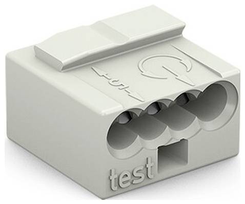 Grauer Elektrostecker mit drei runden Anschlüssen und geprägten Beschriftungen 
