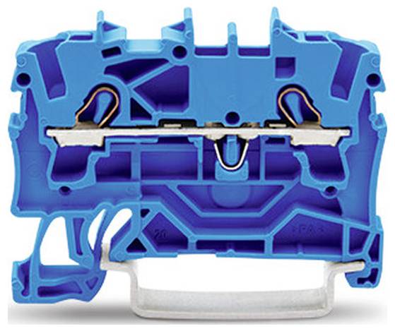 Querschnitt eines blauen Elektroklemmenblocks mit dem internen Metallkontaktstab und dem Drahtspannmechanismus in einem Kunststoffgehäuse.