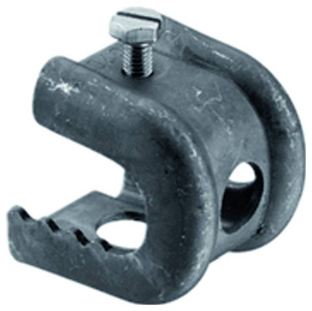 Schwarze Metallkabelklemme mit Spannbolzen, wird verwendet, um ein Kabel oder eine Leitung zu sichern.