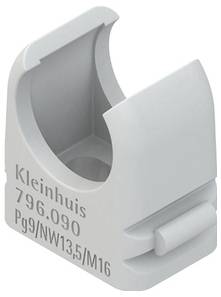 Grauer Kleinhuis-Kabelschelle mit bedruckter Modellnummer 796.090 und Pg9/NW13.5/M16 auf der Seite.