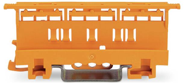 Orange-farbiger DIN-Schienenklemmenverbinder mit Metallfedern-Clip auf weißem Hintergrund.