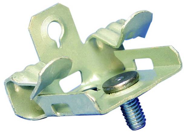 Metalfederclip mit einer Schraube und Schlüssellochschlitz, verwendet zum Montieren oder Sichern eines Objekts an einer Wand oder Oberfläche.
