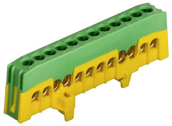 Grüner und gelber elektrischer Klemmblock mit mehreren Schraub- und Drahtanschlussplätzen, dargestellt auf weißem Hintergrund.