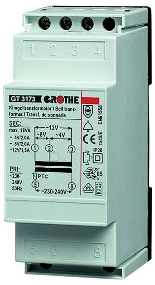 Mintgrünes DIN-Schienen-Transformatormodul mit der Bezeichnung „GT 3173 GROTHE