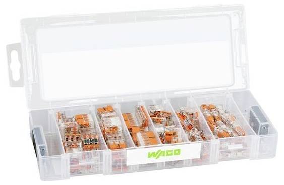 Offene Kunststoff-Organisierbox mit sortierten WAGO-Elektroleitungsverbindern in durchsichtigen Fächern