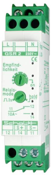 Grün-weißes DIN-Schienen-Relaismodul mit der Bezeichnung GSR 2 230V mit verstellbaren Moduswahlschaltern und Anschlussklemmenmarkierungen.